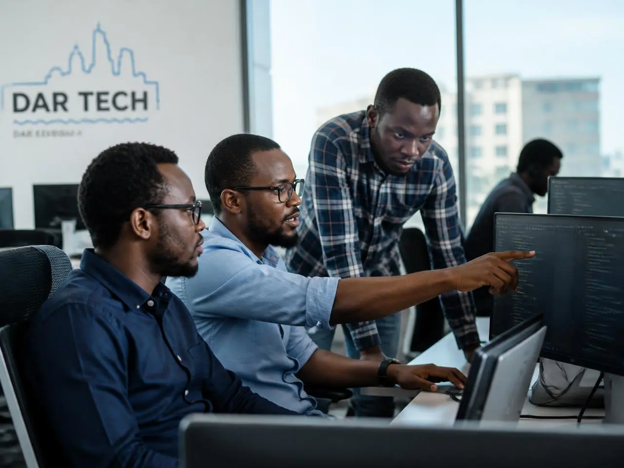 THEOVIQ engineers reviewing code in the Dar es Salaam studio